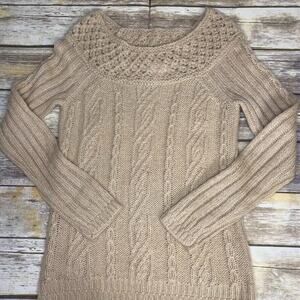 Ann Taylor LOFT Cable Knit Tan Mohair Blend Open Knit Boat Neck Sweater Tunic